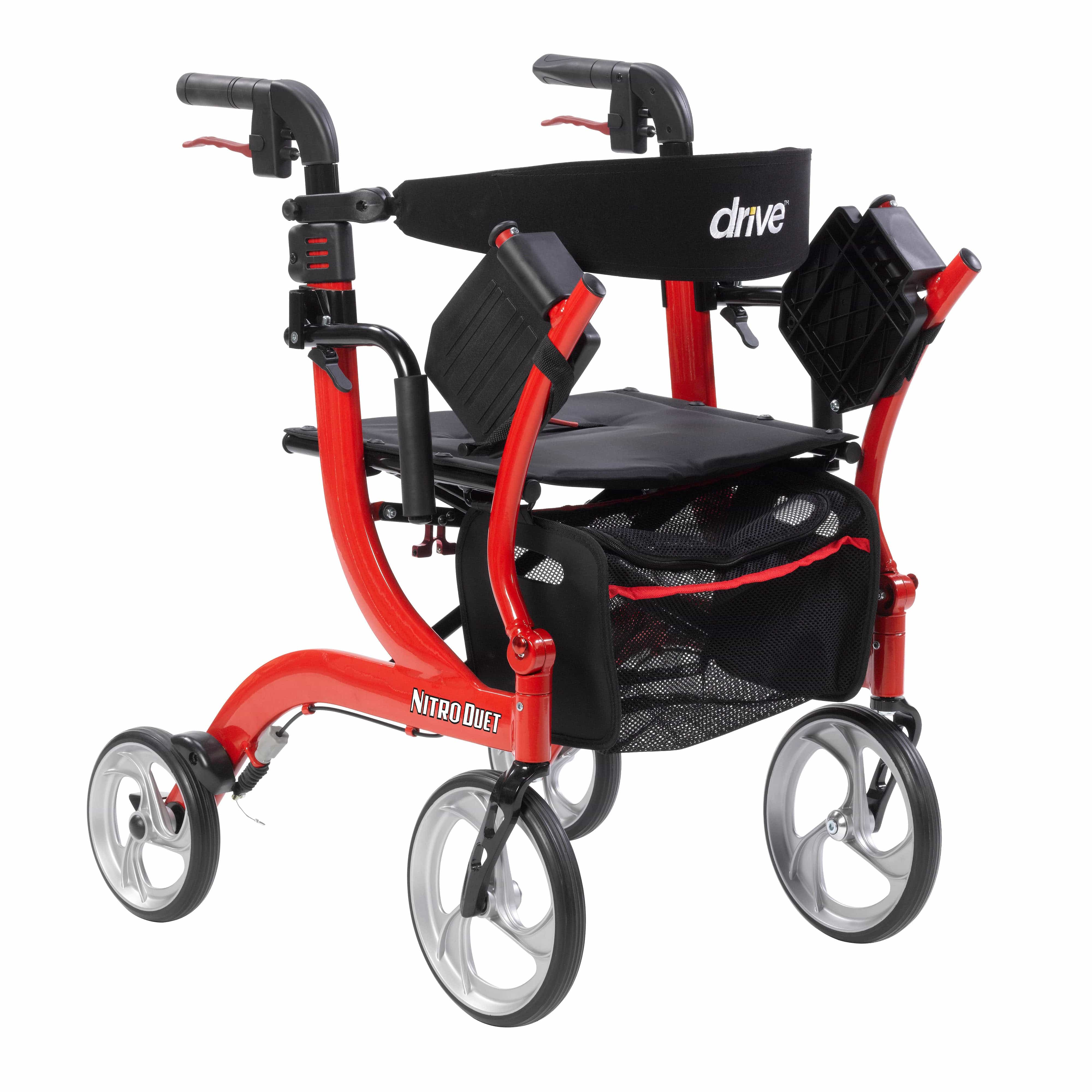 Drive Medical Drive Medical Nitro Duet Dual Function Transport Wheelchair and Rollator Rolling Walker, Red rtl10266dt